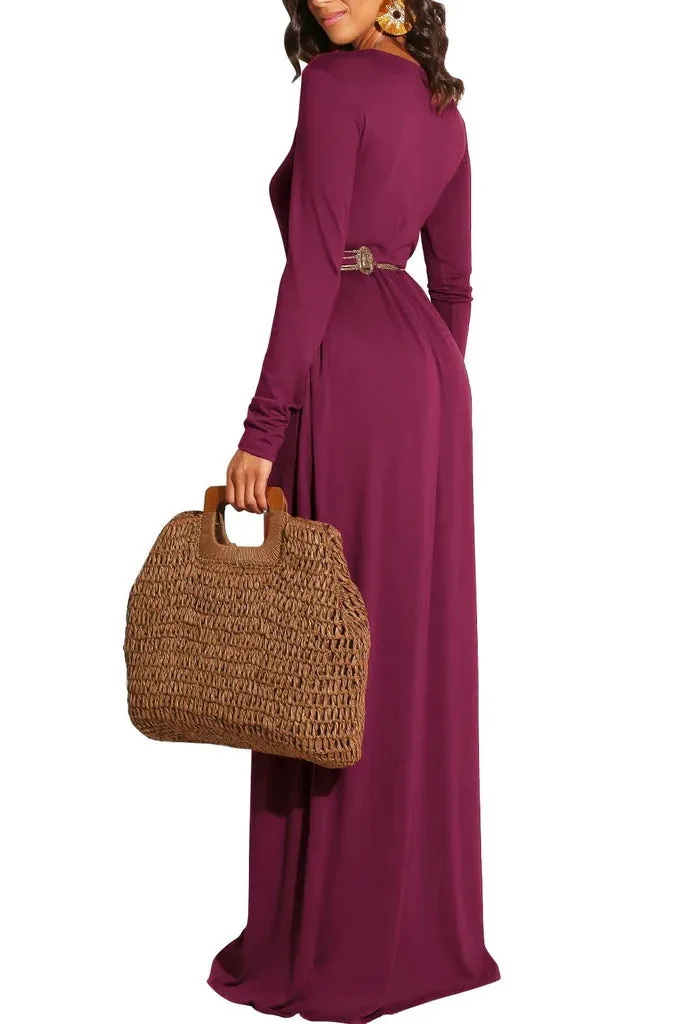 MB FASHION Elegant Long Sleeve Maxi Dress with Gathered Waist 1888