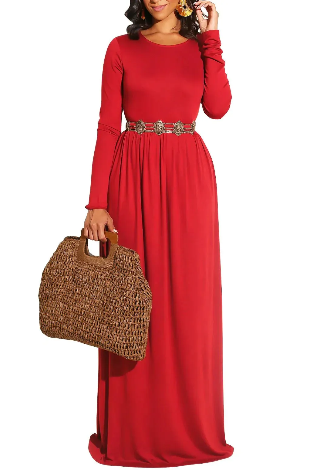 MB FASHION Elegant Long Sleeve Maxi Dress with Gathered Waist 1888