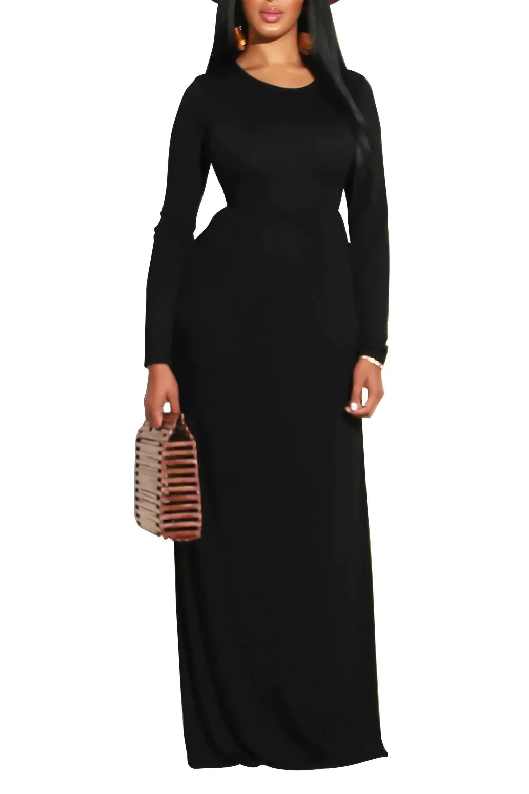 MB FASHION Elegant Long Sleeve Maxi Dress with Gathered Waist 1888