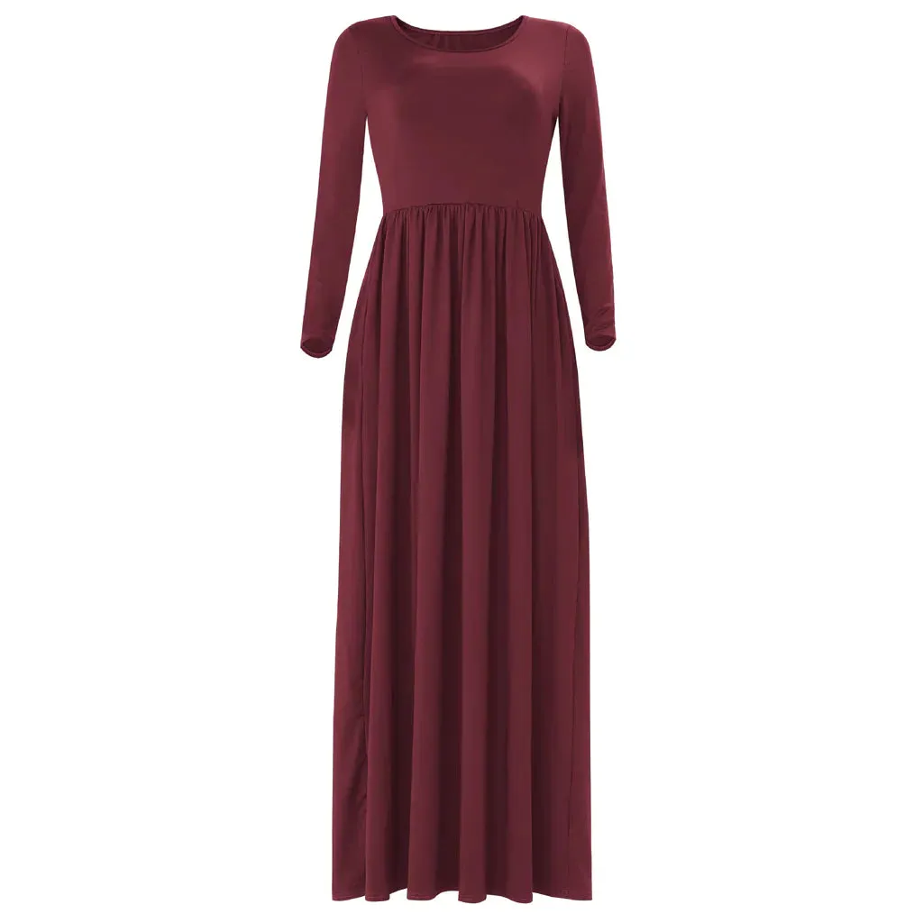 MB FASHION Elegant Long Sleeve Maxi Dress with Gathered Waist 1888