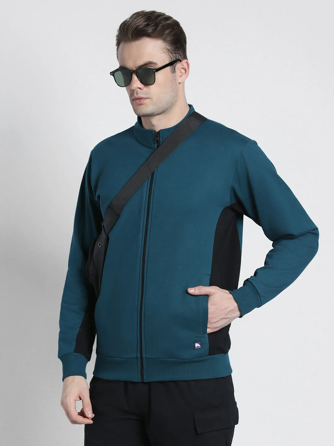 Men's Mock Neck Regular Fit Panelling Teal Sweatshirt