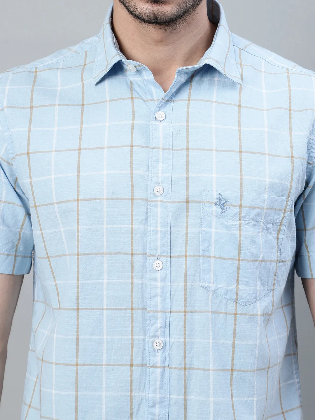 Men's Sky Blue Checkered Half Sleeve Casual Shirt