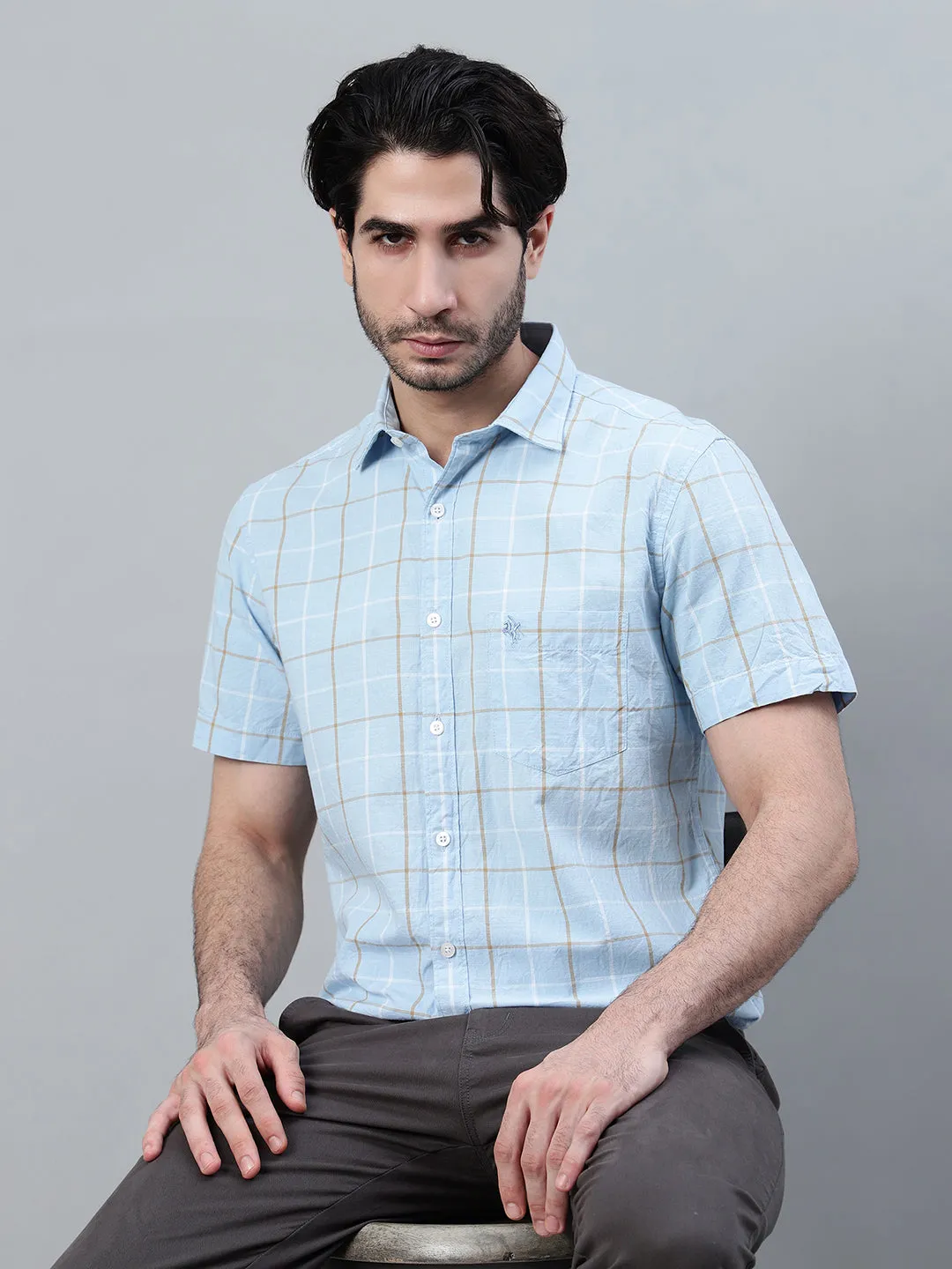 Men's Sky Blue Checkered Half Sleeve Casual Shirt