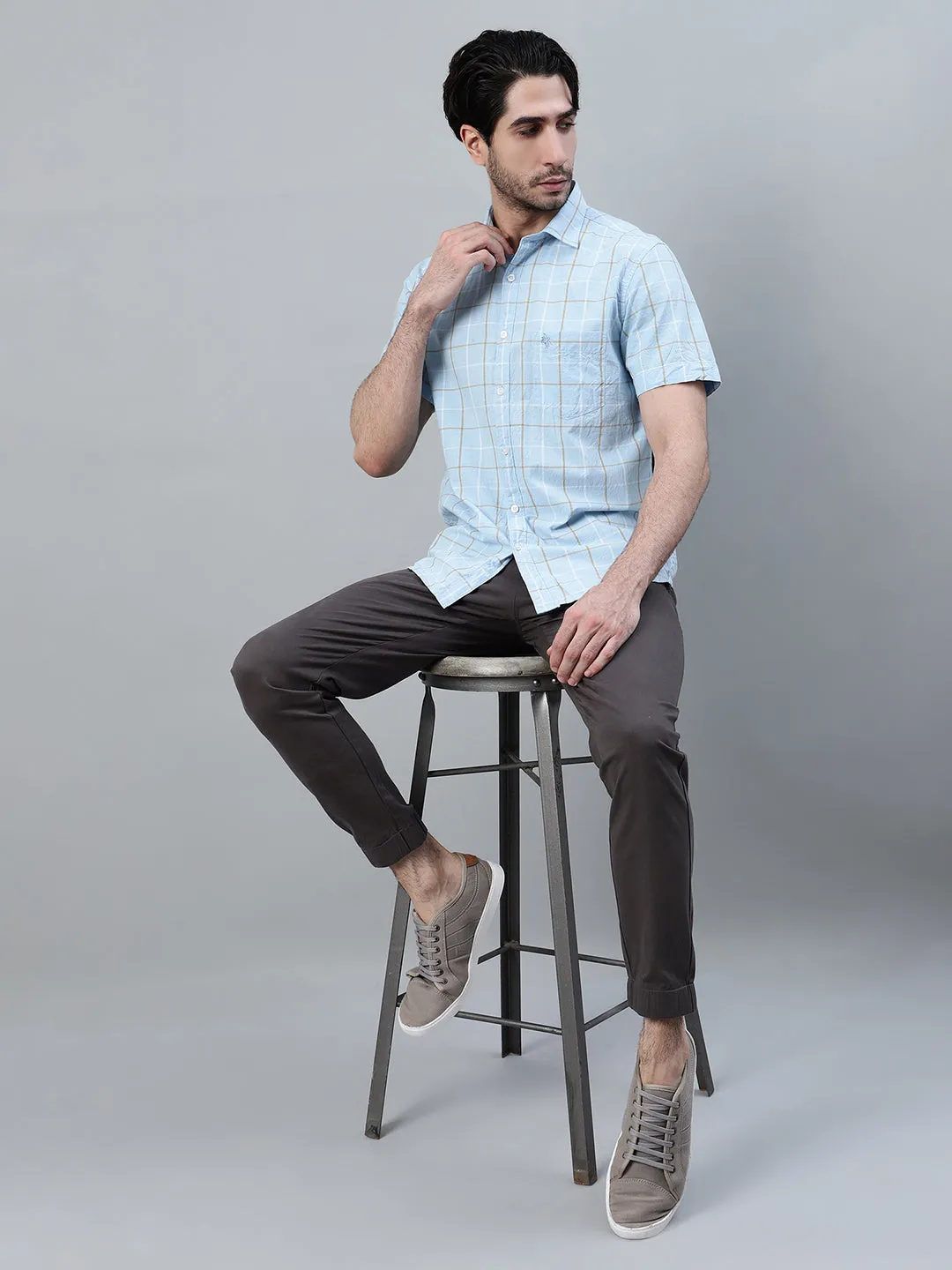 Men's Sky Blue Checkered Half Sleeve Casual Shirt