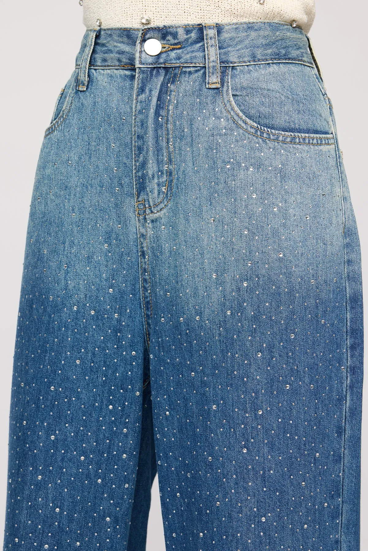 Obsidian Blue Embellished Denim Korean Pants