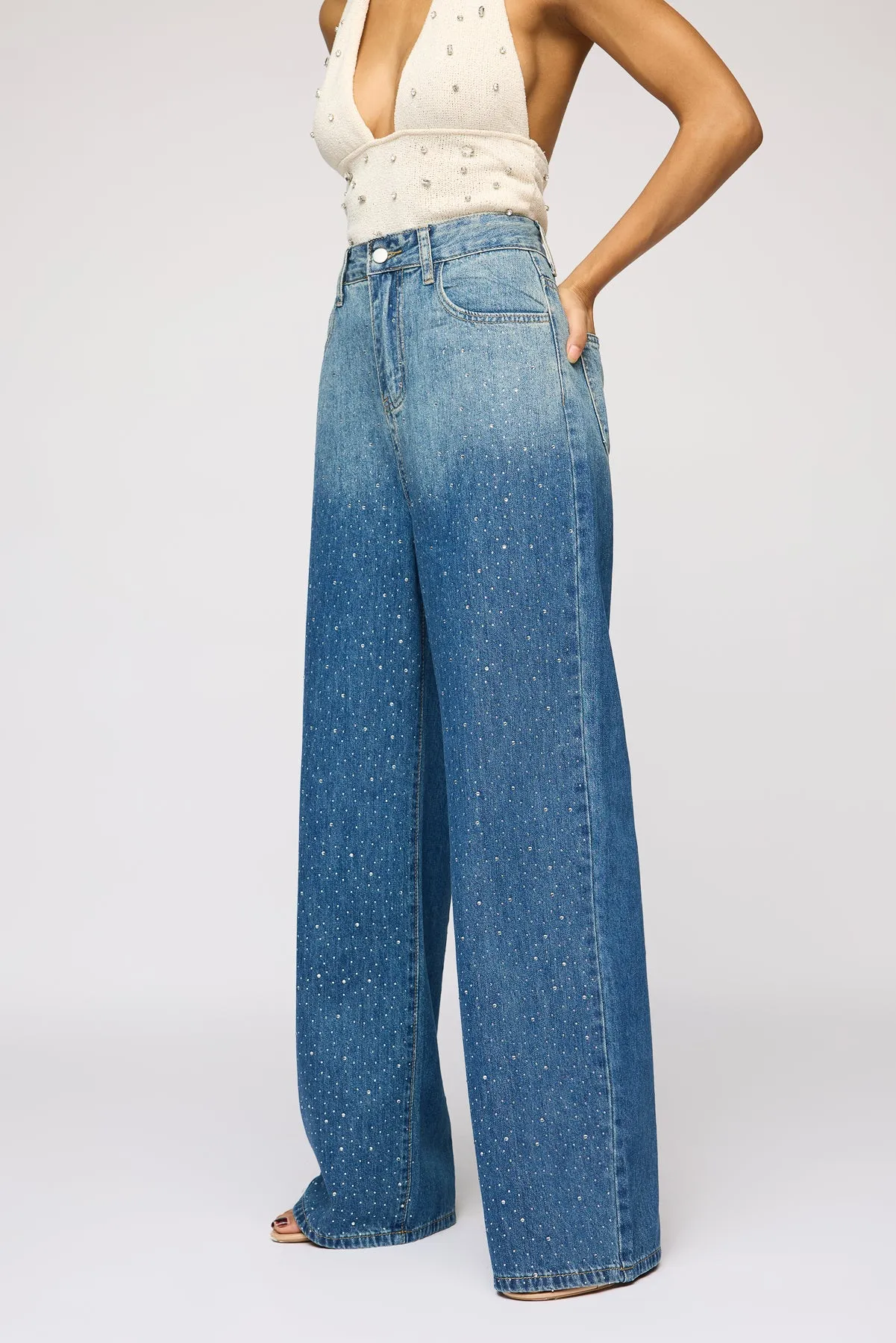 Obsidian Blue Embellished Denim Korean Pants