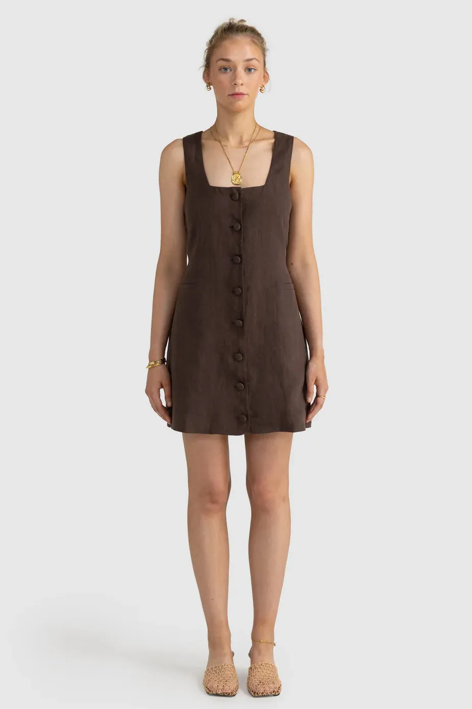 ORTC Cora Linen Button Mini Dress Carob