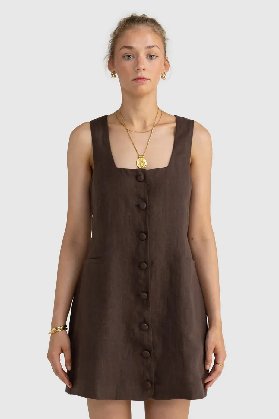 ORTC Cora Linen Button Mini Dress Carob