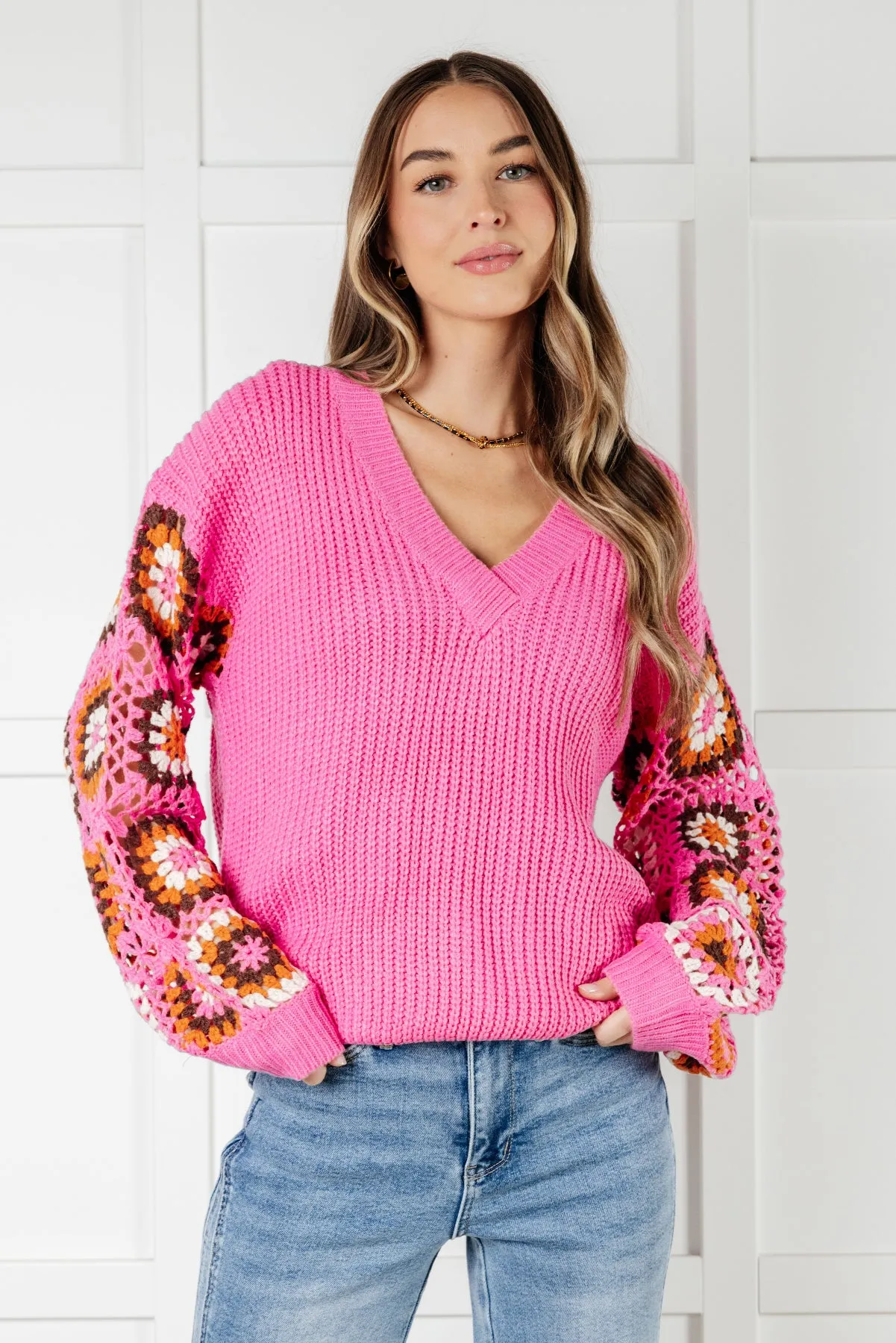 Pink Crochet Sleeve V-Neck Sweater