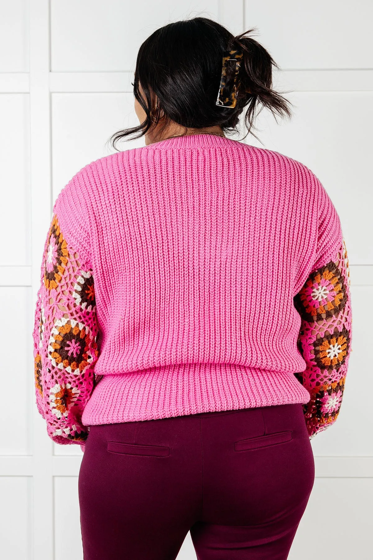 Pink Crochet Sleeve V-Neck Sweater