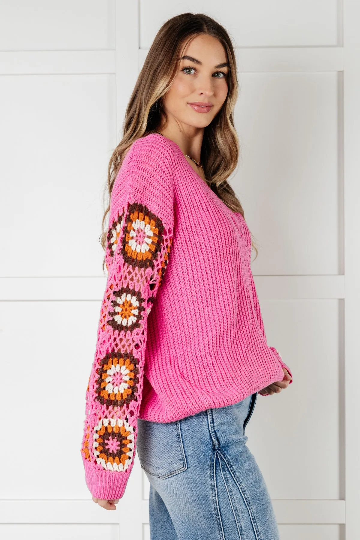 Pink Crochet Sleeve V-Neck Sweater