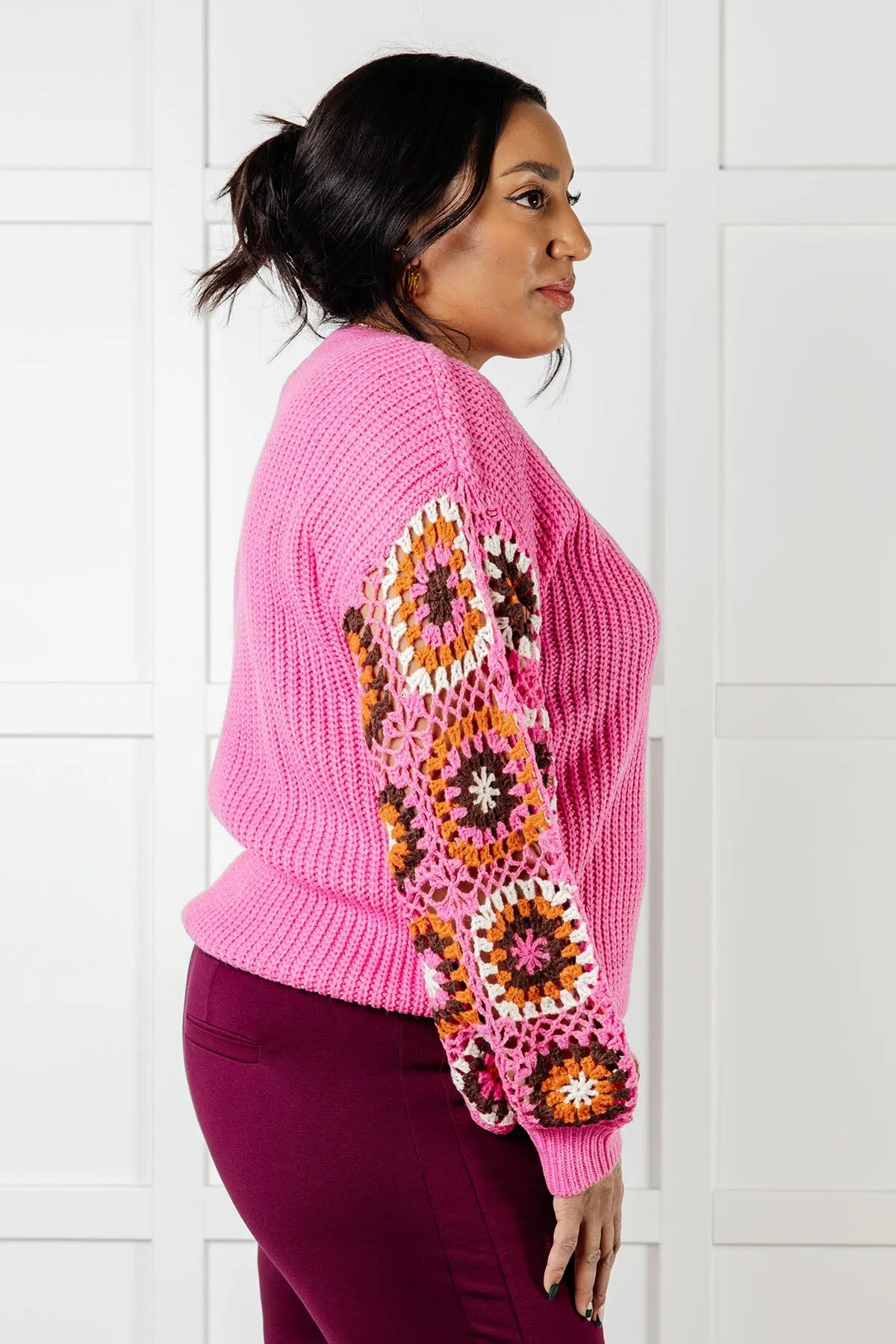 Pink Crochet Sleeve V-Neck Sweater