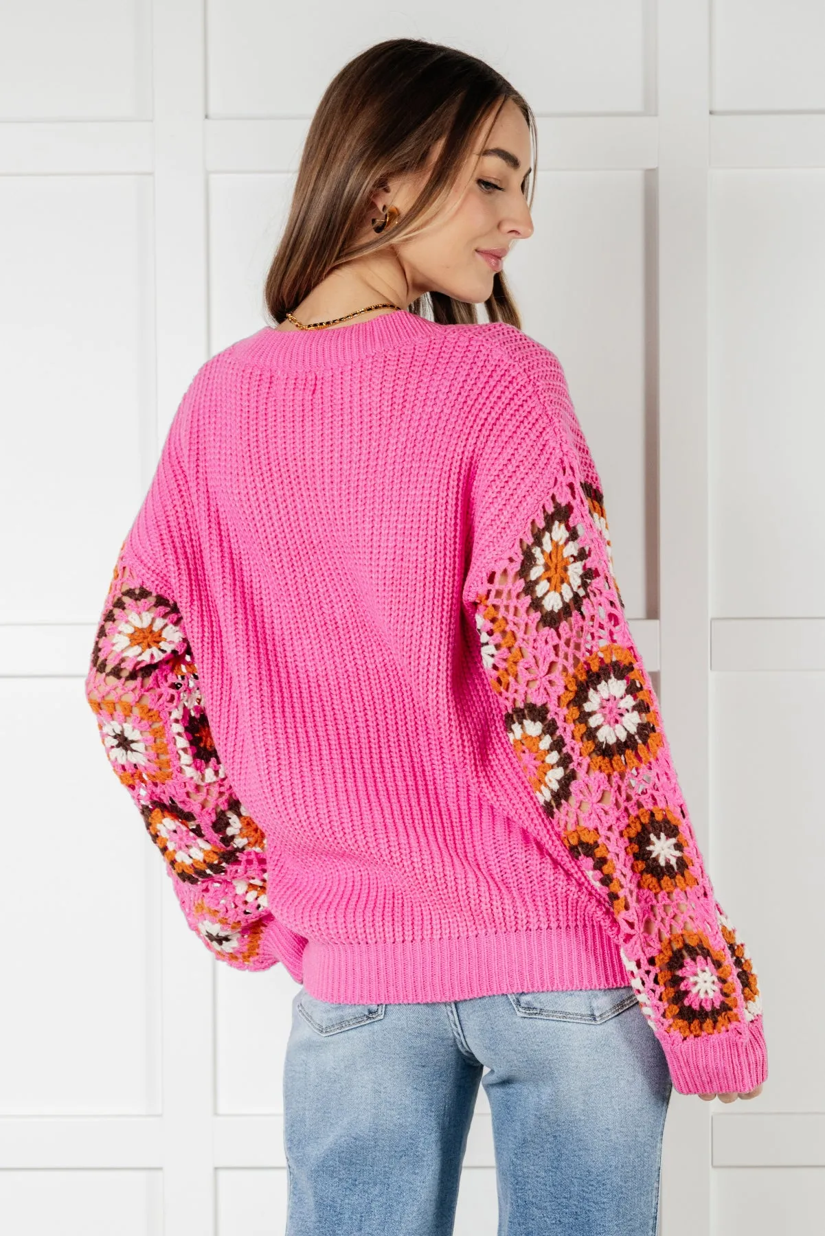 Pink Crochet Sleeve V-Neck Sweater