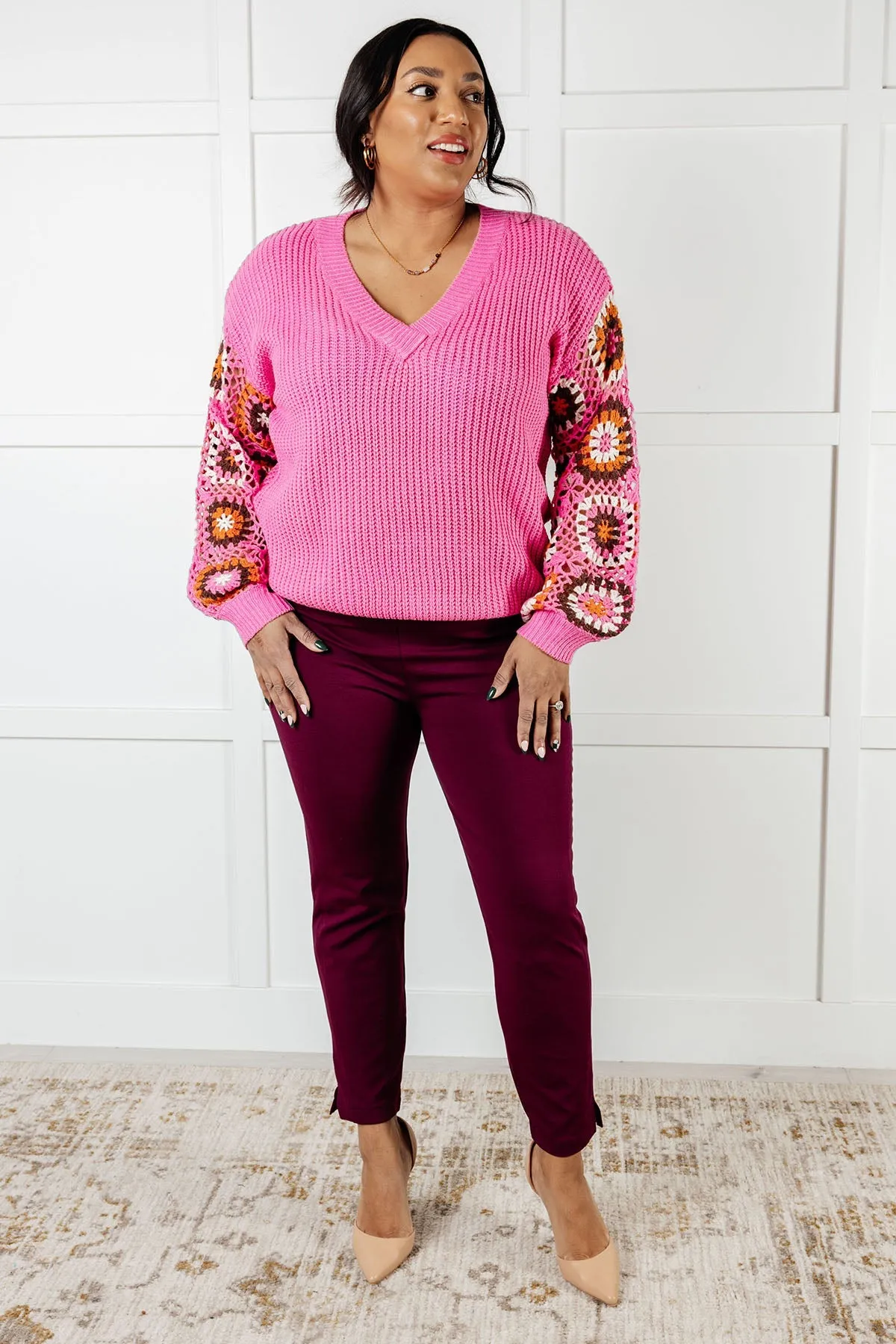 Pink Crochet Sleeve V-Neck Sweater