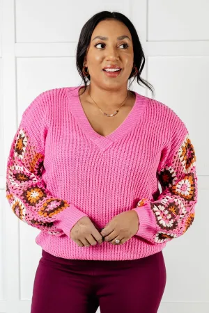 Pink Crochet Sleeve V-Neck Sweater