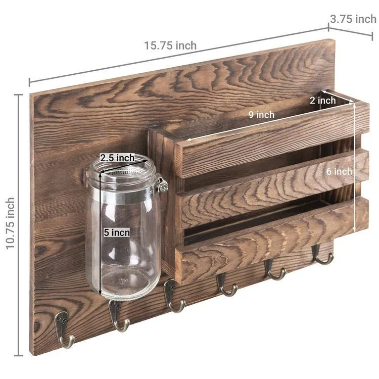 Rustic Dark Brown Wood Mail Organizer & Mason Jar