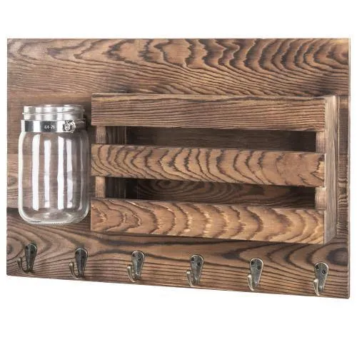 Rustic Dark Brown Wood Mail Organizer & Mason Jar