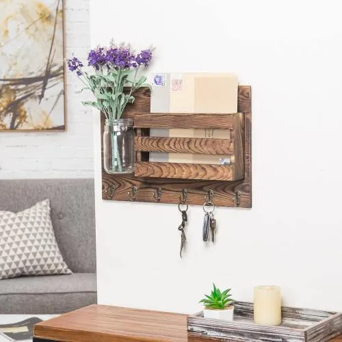 Rustic Dark Brown Wood Mail Organizer & Mason Jar