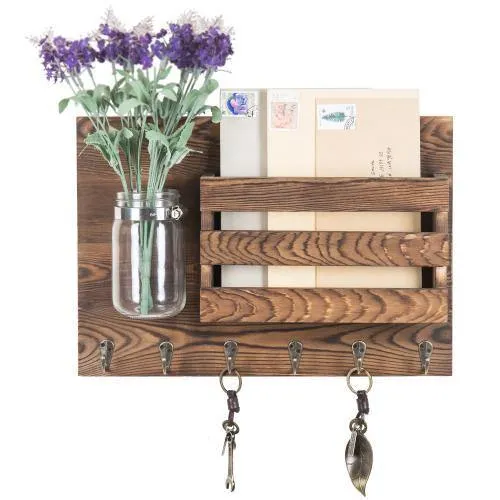 Rustic Dark Brown Wood Mail Organizer & Mason Jar