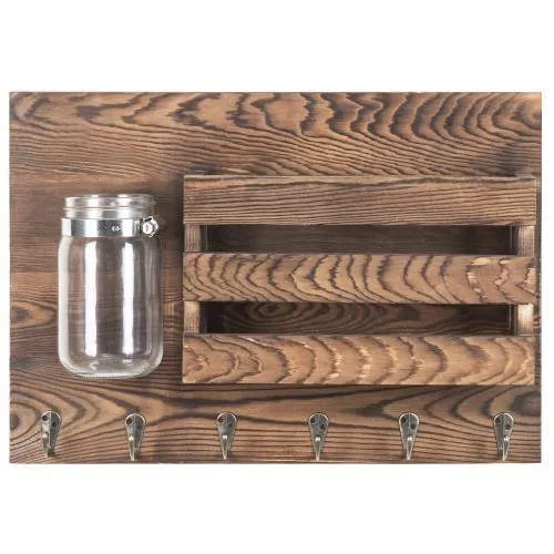 Rustic Dark Brown Wood Mail Organizer & Mason Jar