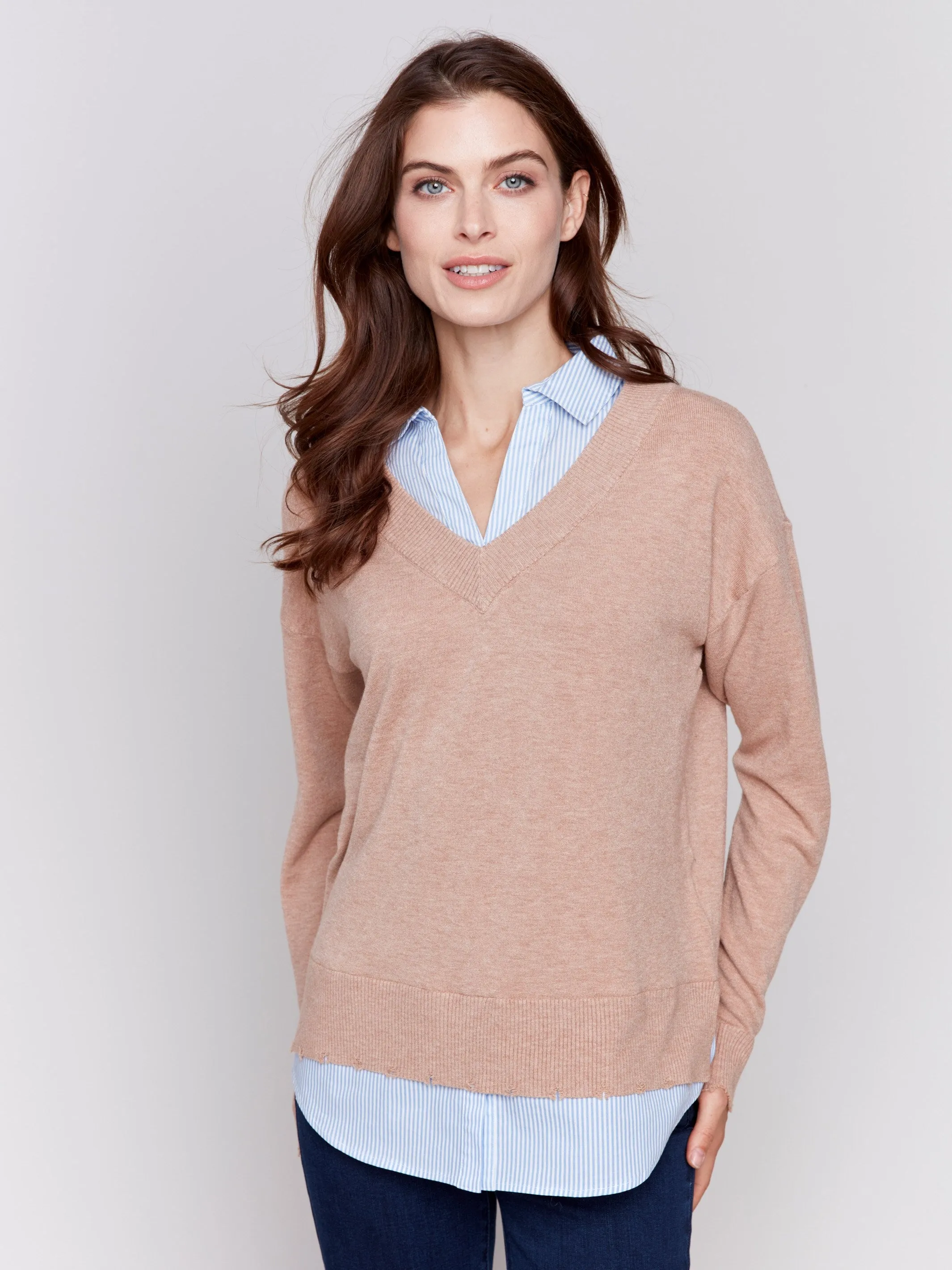 V-Neck Fooler Sweater with Shirt Collar - Caramel