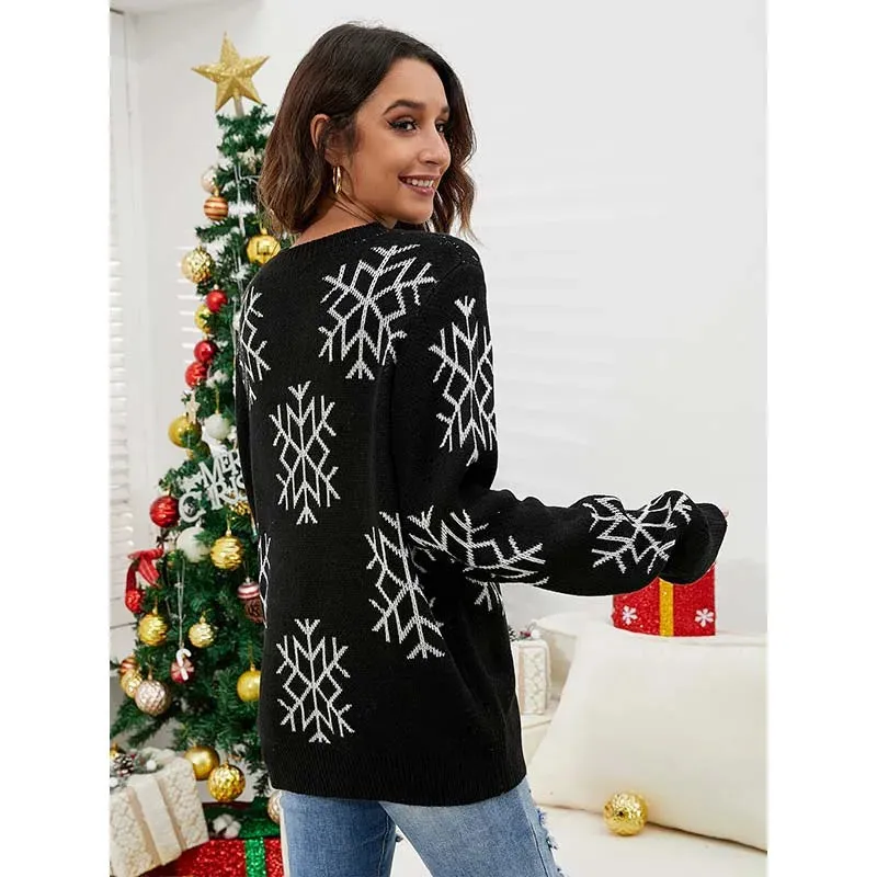 Wenkouban-Christmas Thanksgiving outfits_Oversized Winter Casual O Neck Long Sleeve Snowflake Embroidery Christmas Sweater