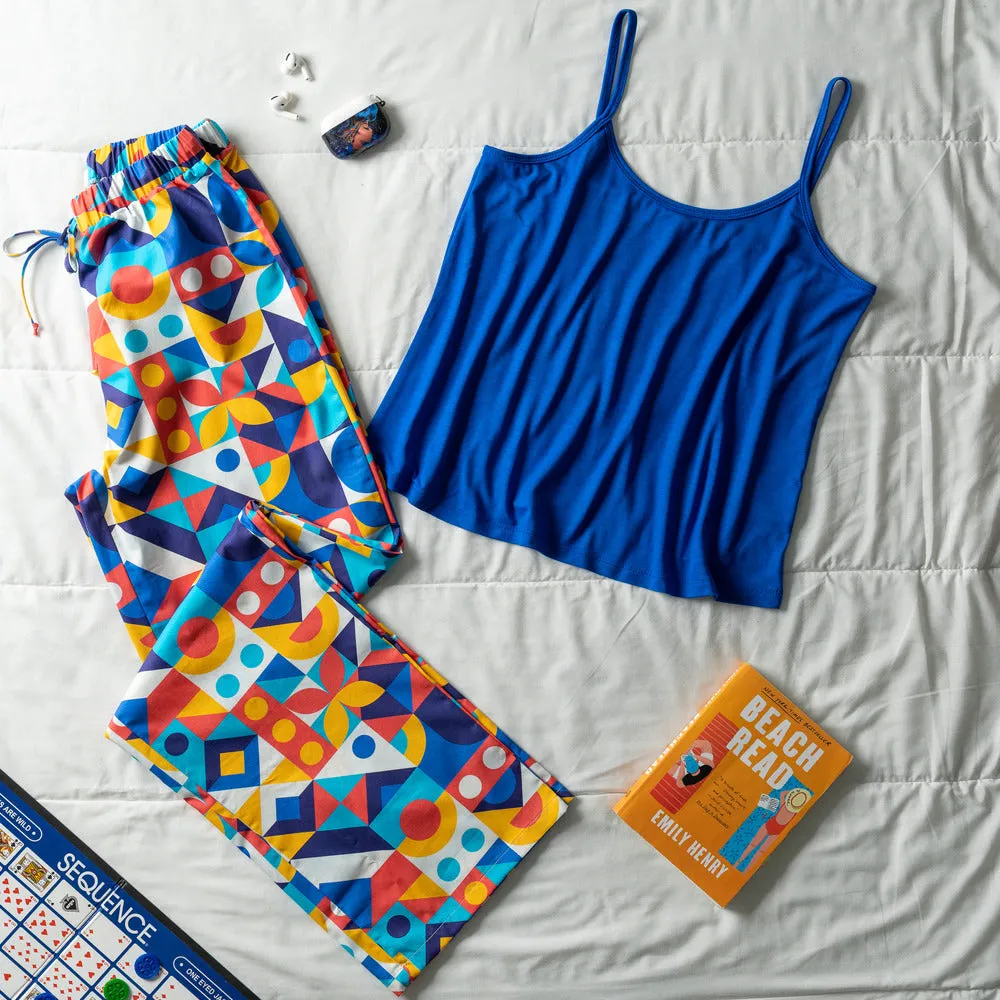 Women summer pajama set Blue top   Geometric Pants