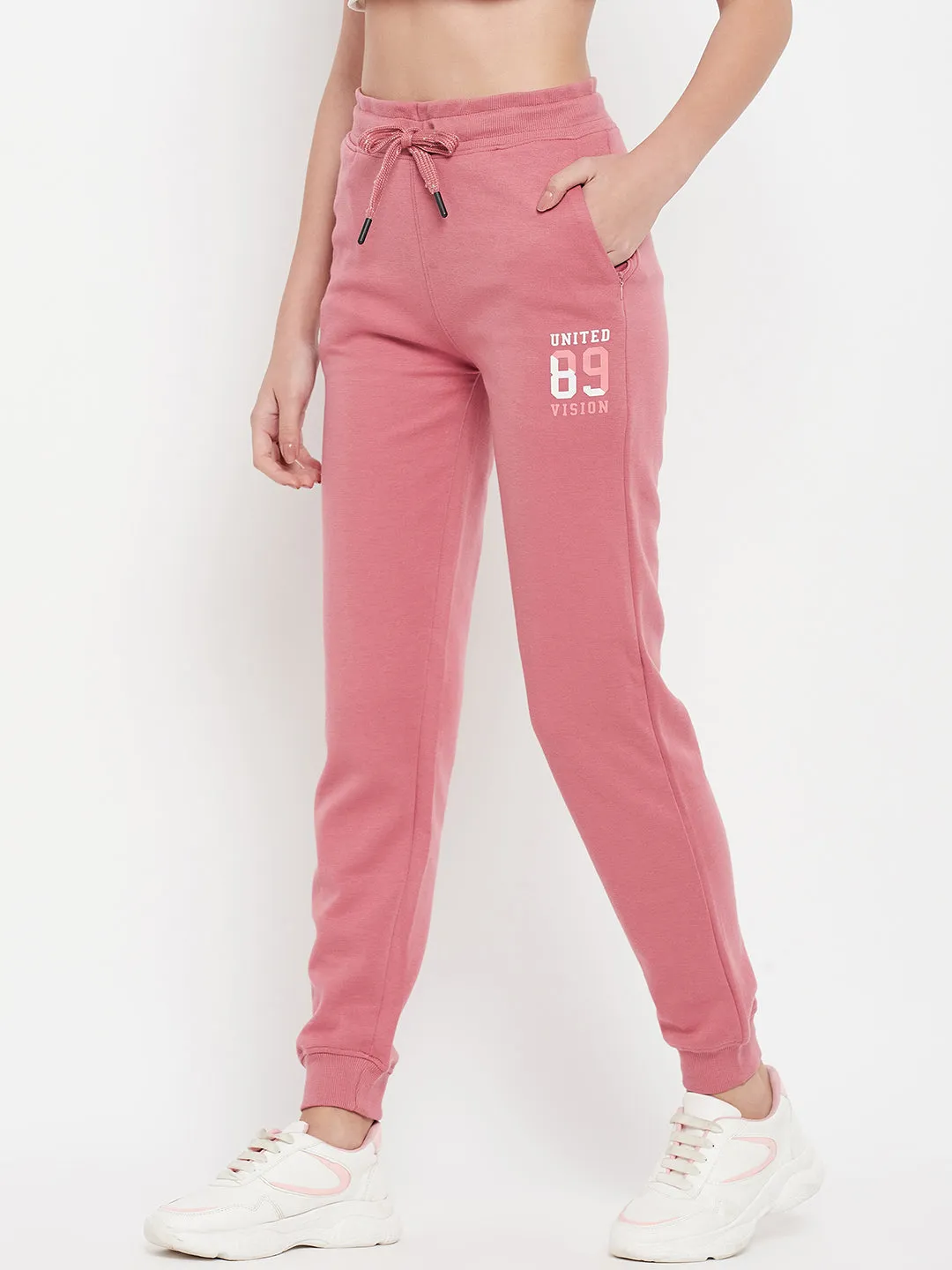 Women's Casual Elasticated Wasit band with drawcord Pink Solid Mid rise Jogger Pants