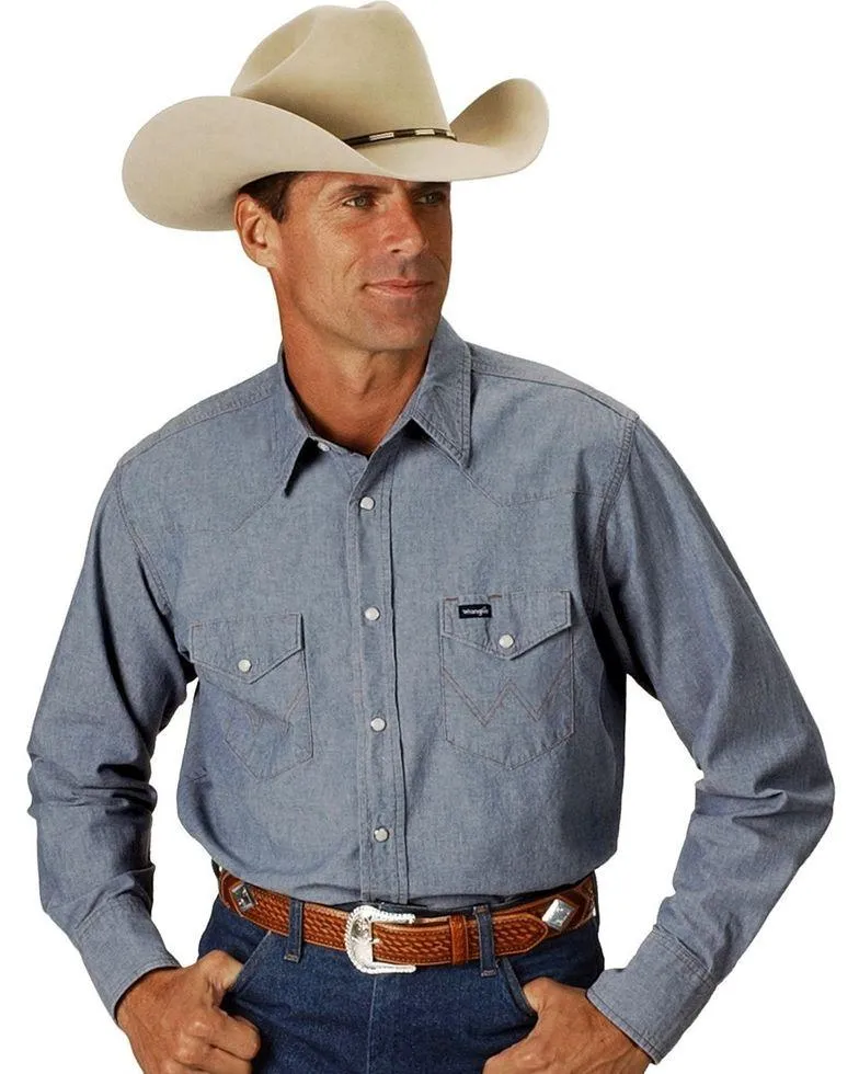 WRANGLER COWBOY CUT FIRM FINISH LONG SLEEVE WESTERN SNAP SOLID WORK SHIRT IN CHAMBRAY BLUE STYLE MS70919